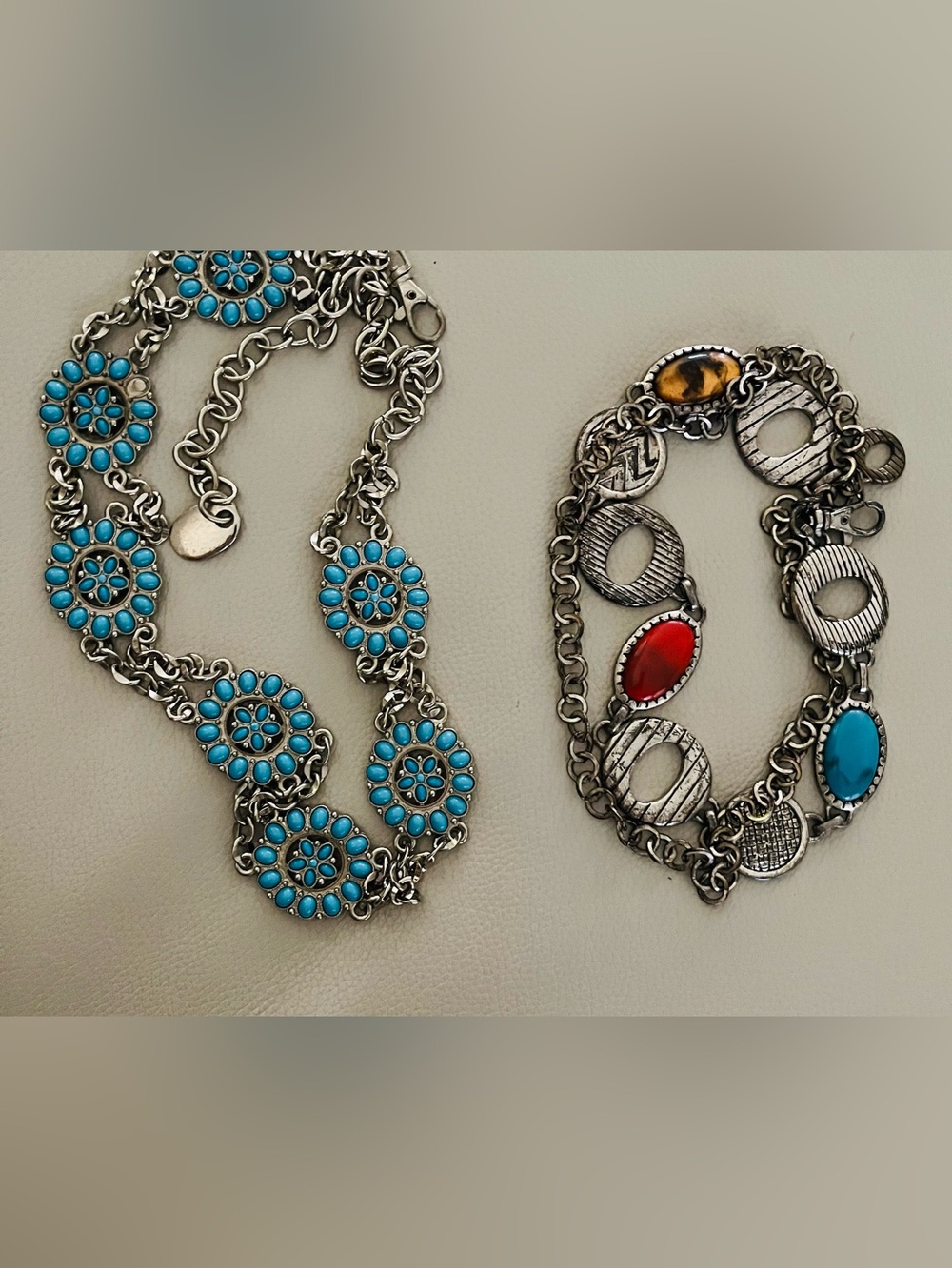 Two (2) Multi-Stone link chain belts with Turquoise, Red and Brown Accents